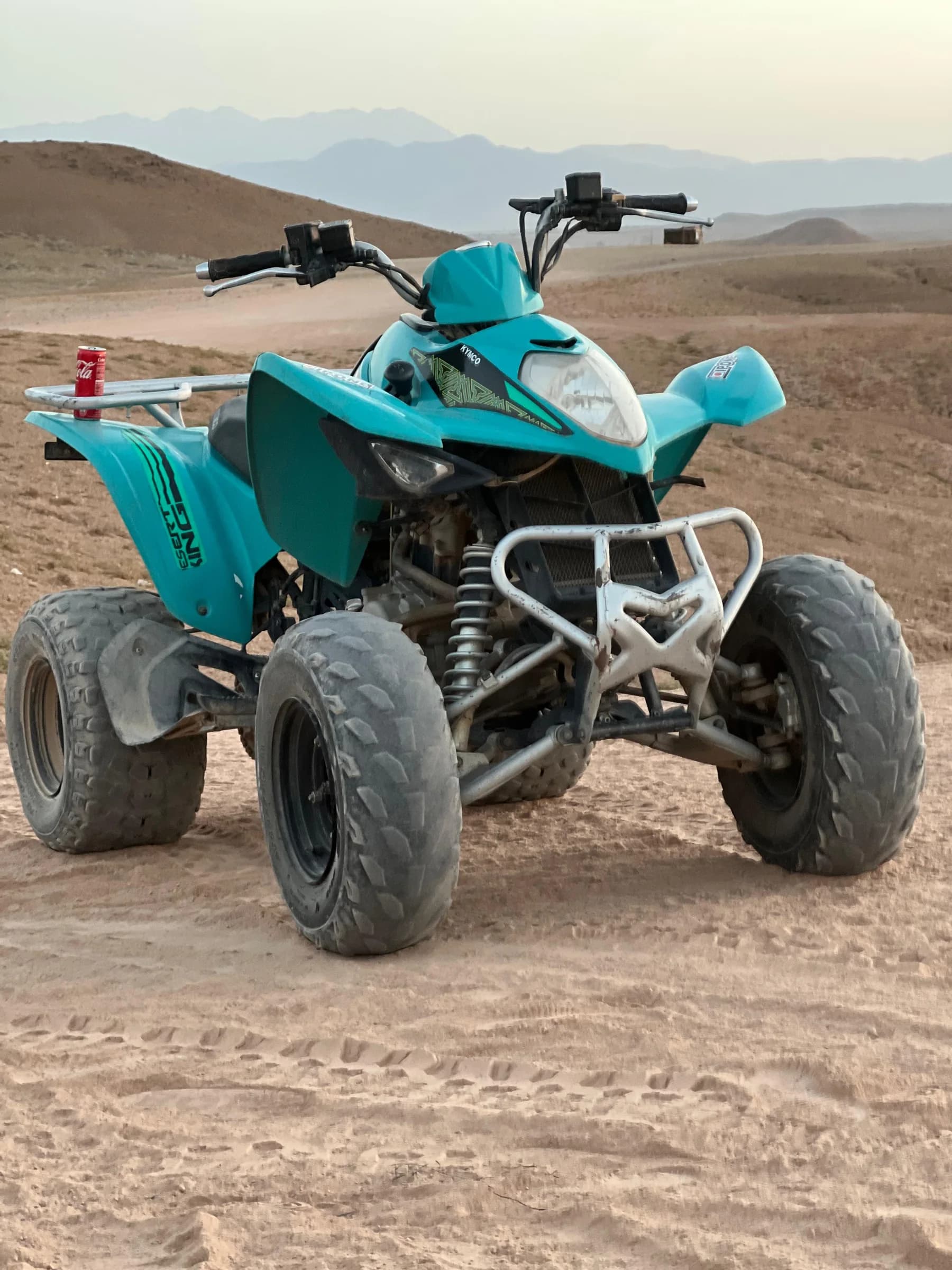 A teal quad bike parked with mountains in the background
